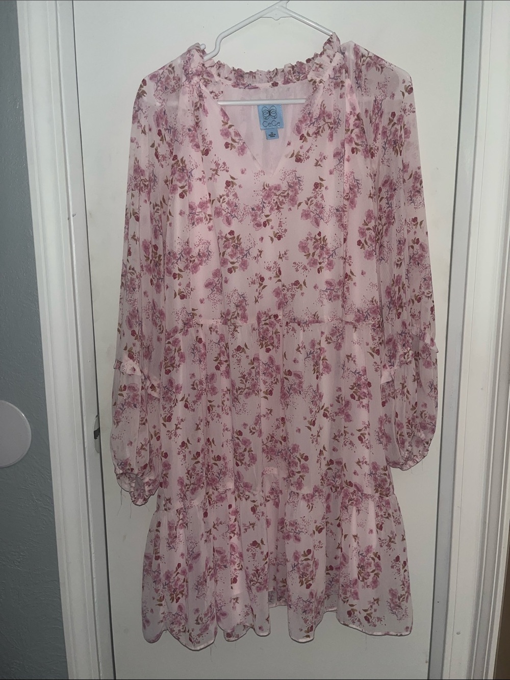 CeCe Pink Floral Tiered Chiffon Dress